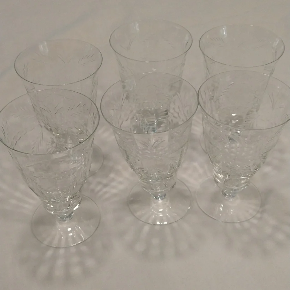 Set of 6 etched crystal wine glasses 8 ounces